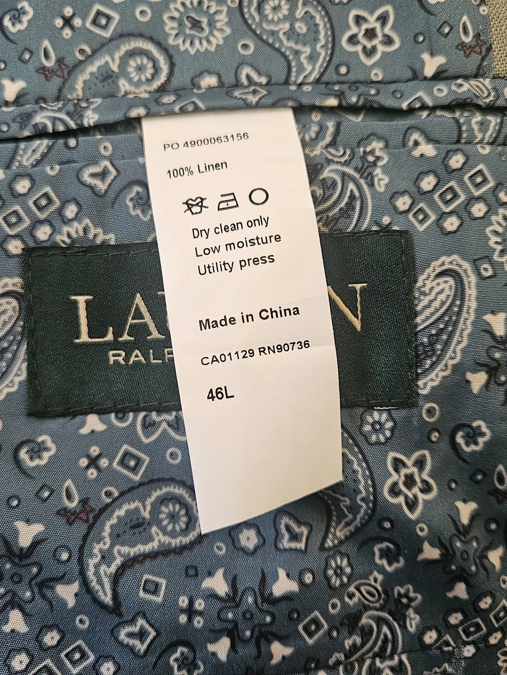 Lauren Ralph Lauren Men's Light Green 100% Linen Paisley Lined Blazer 46L